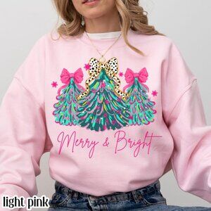 Christmas Sweatshirt Merry Bright Xmas Tree Sweater Pink Holiday Festive Bow 05